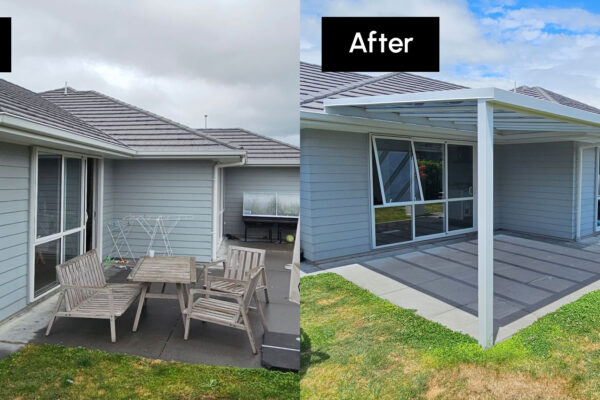 Before and after photos of a back patio with a mono-pitch pergola installed.