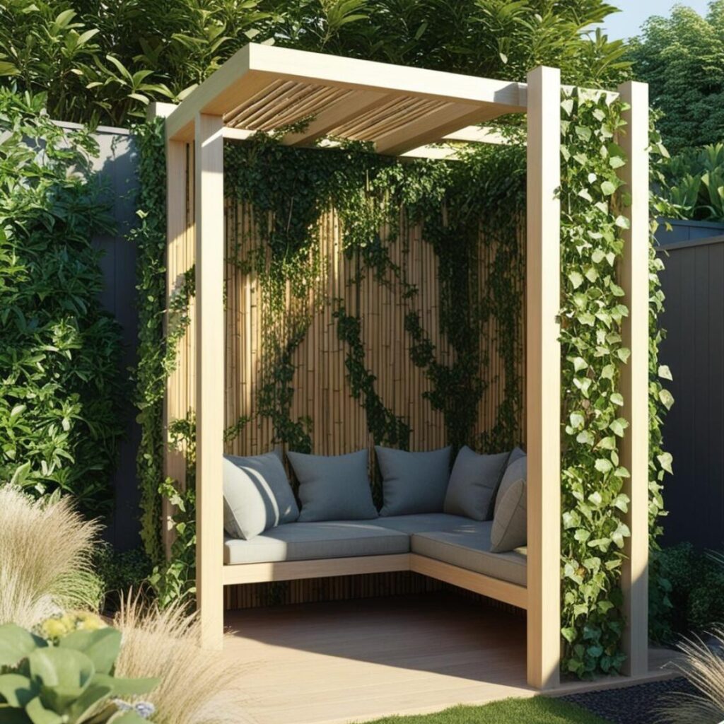 Climbing plants add extra seclusion to garden privacy screen in a backyard.