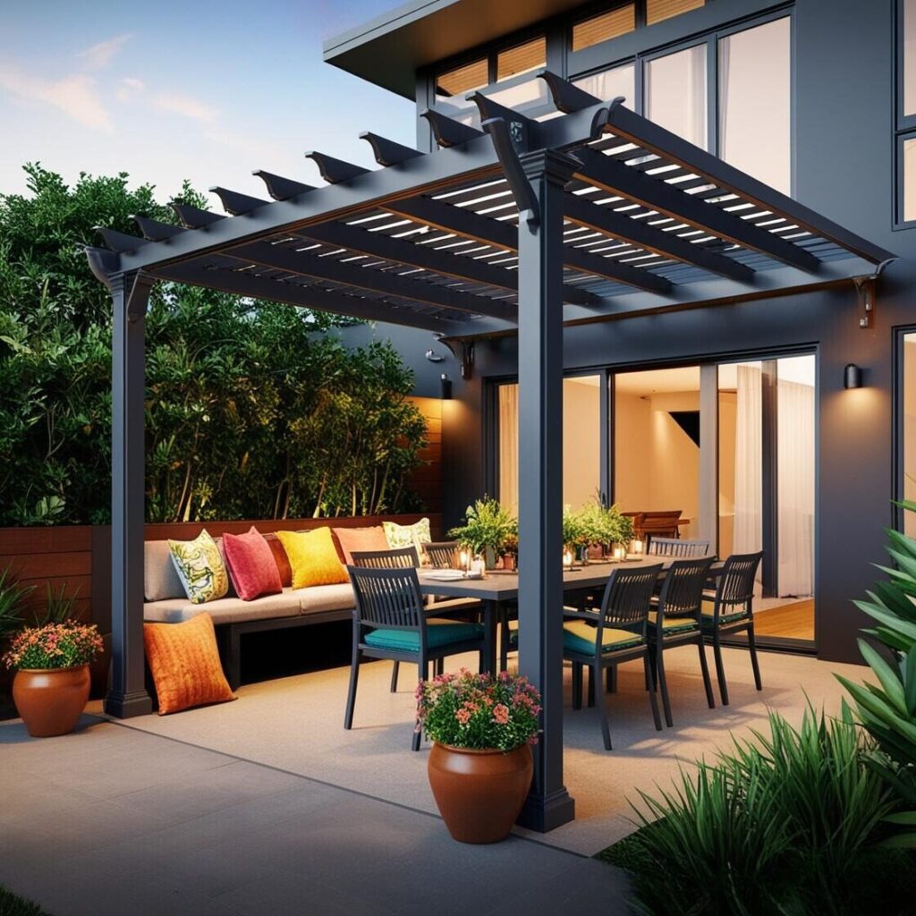 3D rendering of outdoor dining space under a pergola.