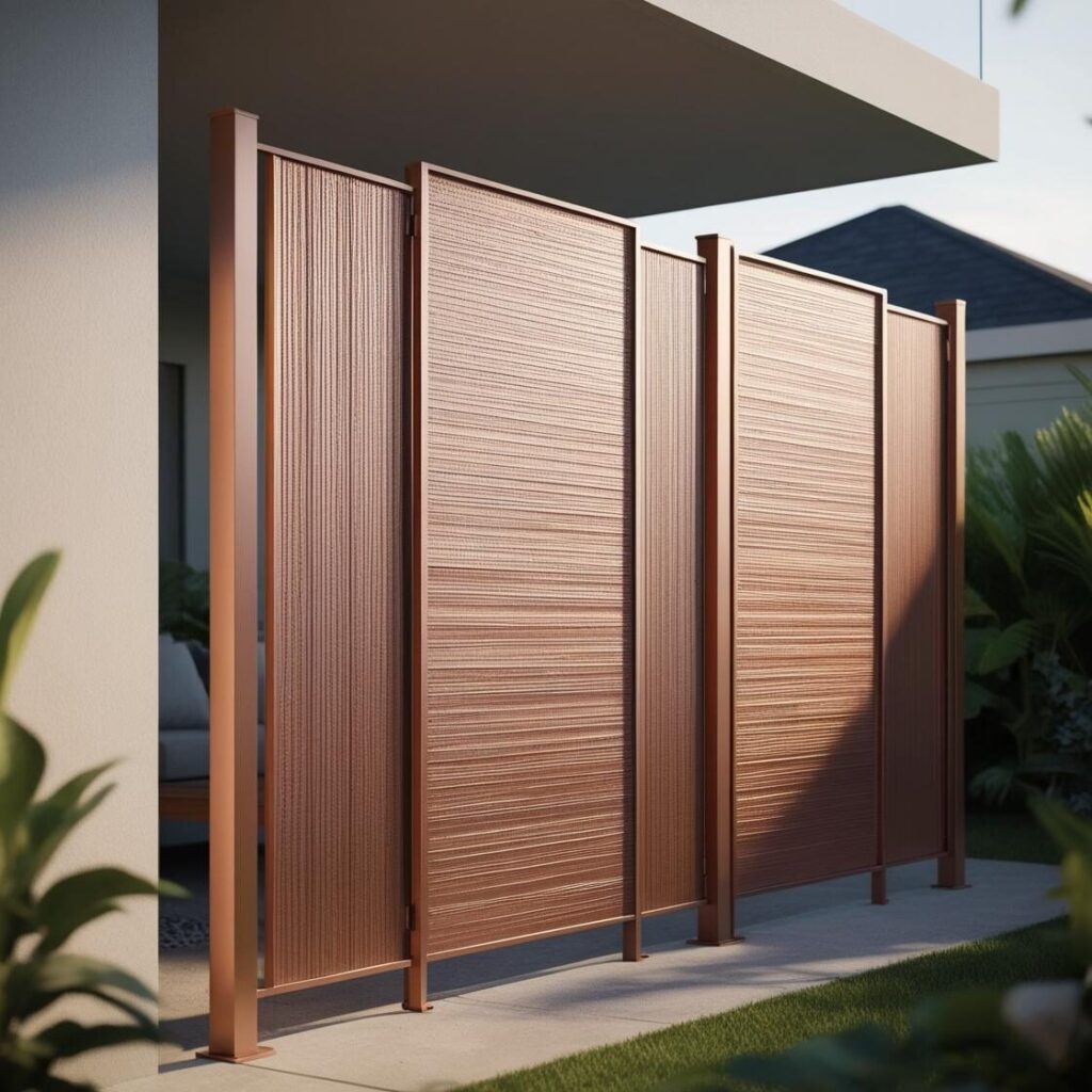 A metal privacy screen offers protection from the wind while providing seclusion from neighbours.