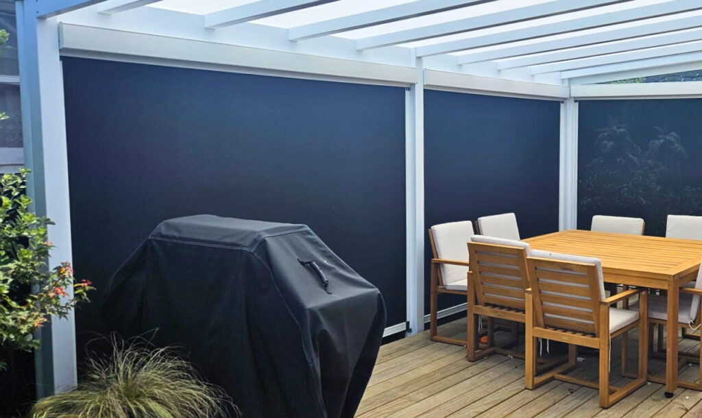 A pergola designed to fit a small outdoor dining space.