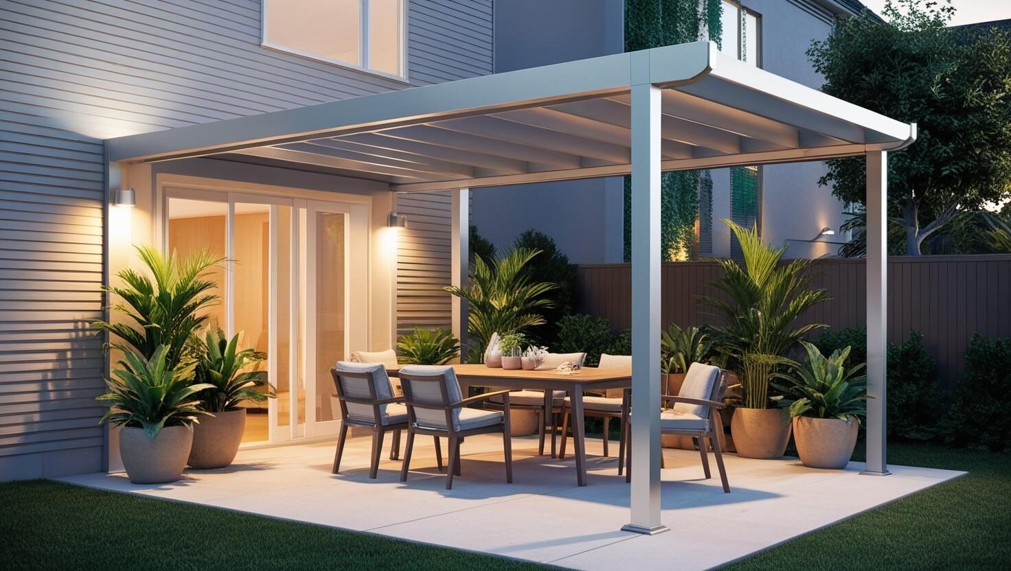 A small pergola shelters an outdoor dining space off the main house.