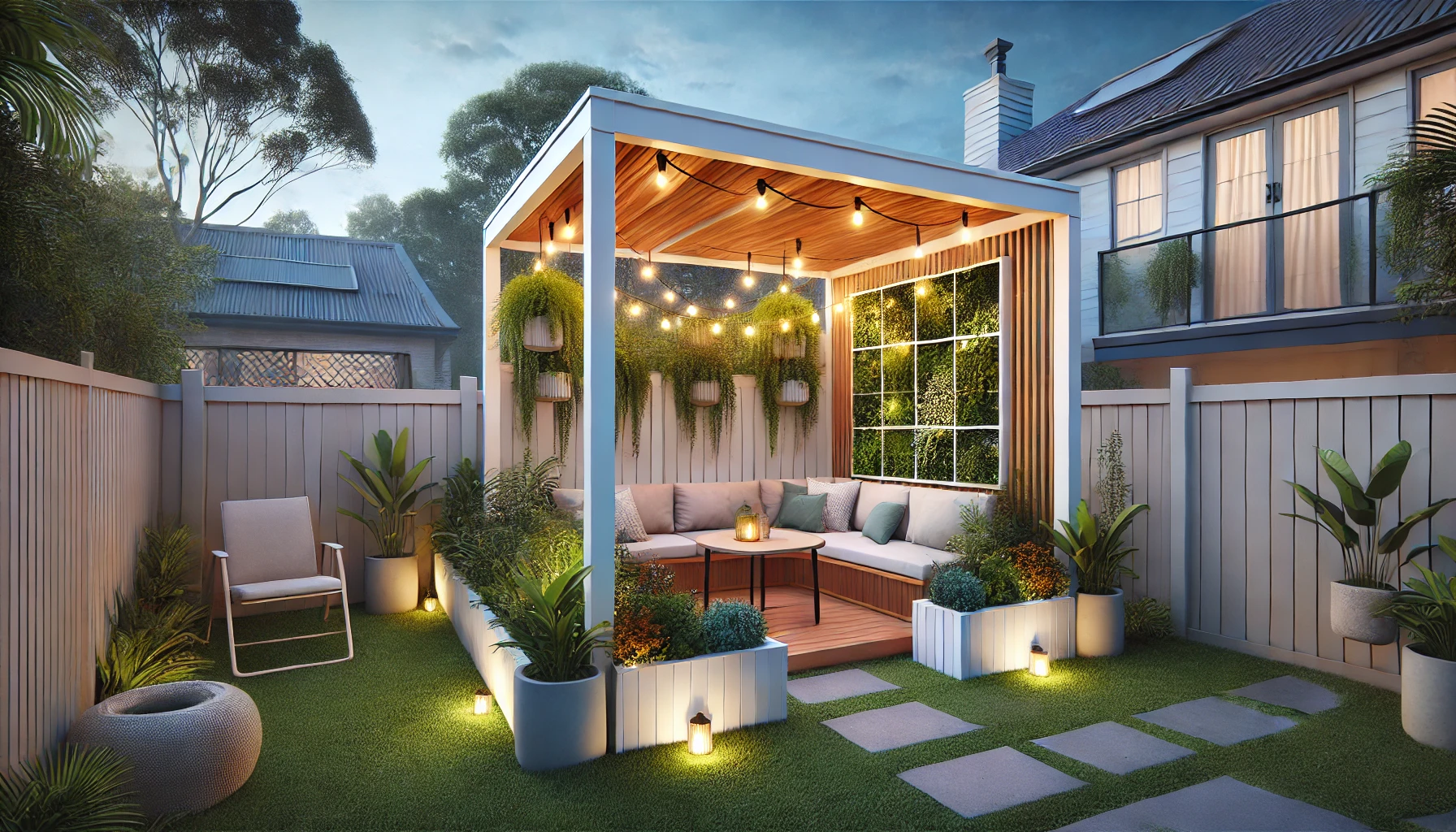 A free-standing pergola with built-in seating, string lights, and vertical plantings.