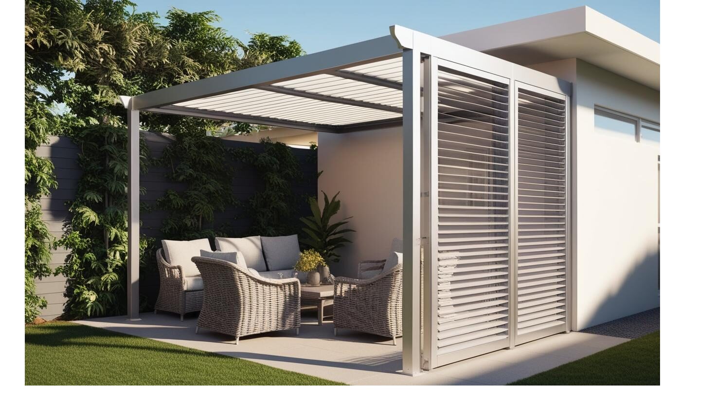 A small mono-pitch pergola with louvres on one side.