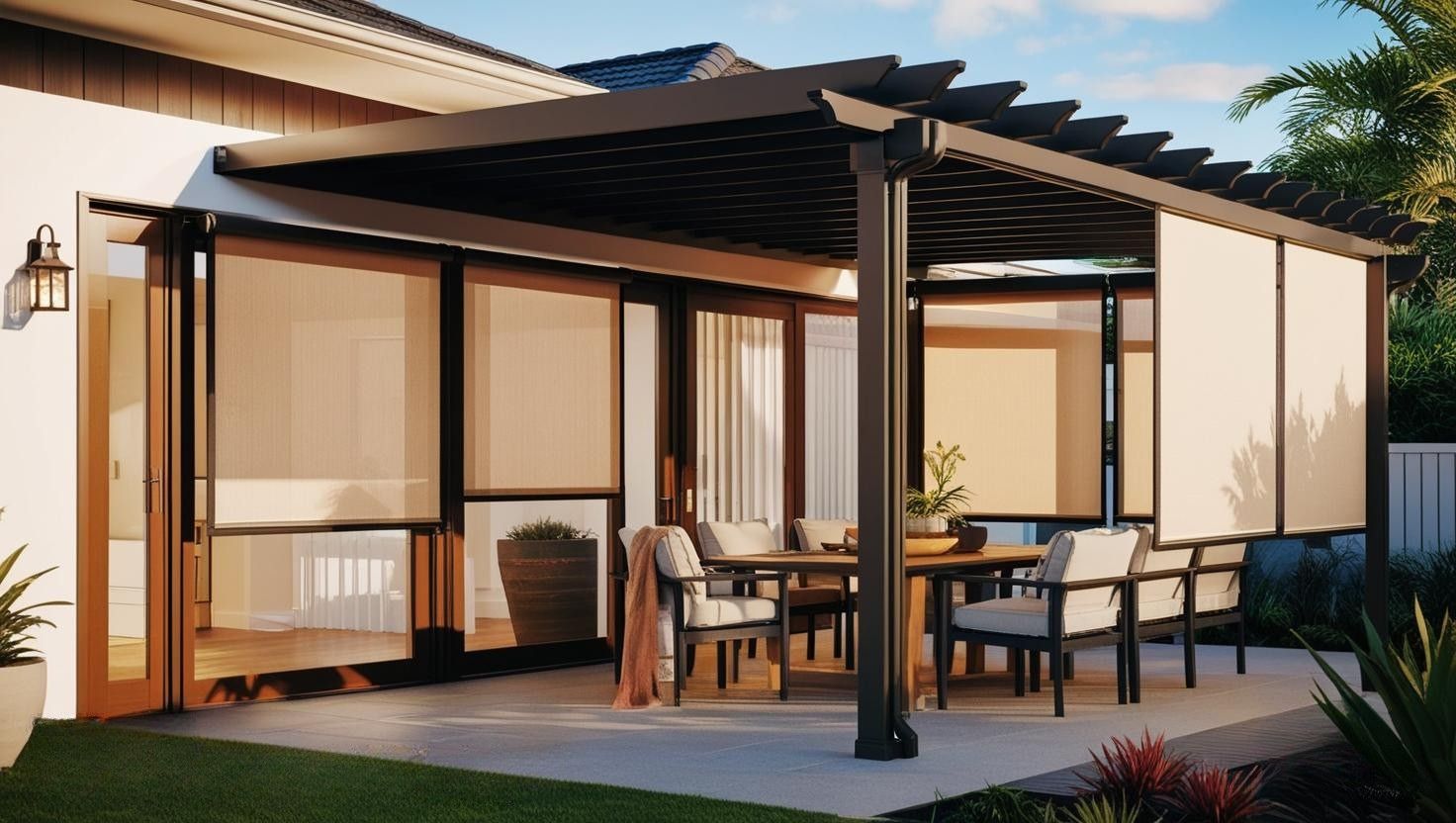 Outdoor blinds provide shade for an outside dining room.