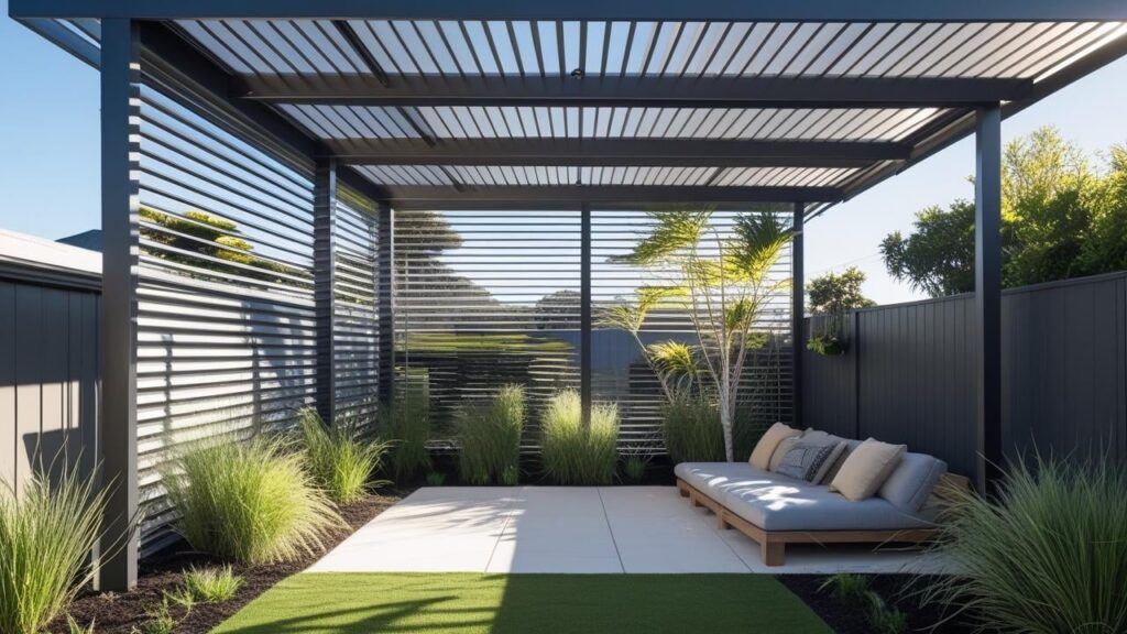 Fixed louvres attached to a pergola for privacy in a backyard.