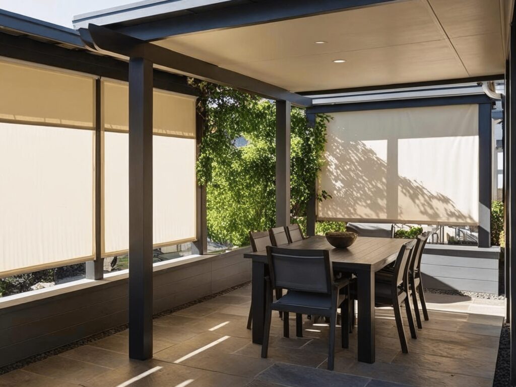A dining table sits under a secluded pergola with outdoor blinds to create extra privacy.